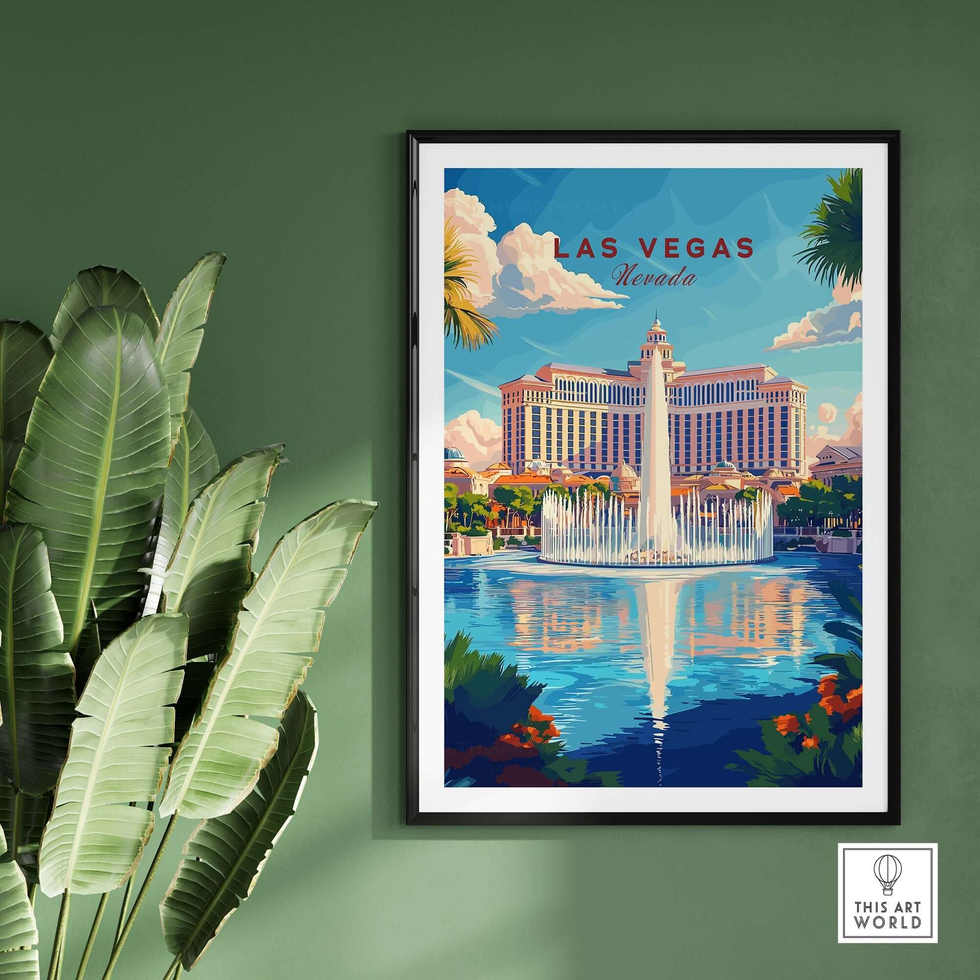 Las Vegas Travel Print showcasing the iconic Las Vegas fountain against a vibrant backdrop.
