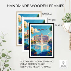 Handmade wooden frames showcasing Las Vegas Travel Print in natural, white, and black finishes.