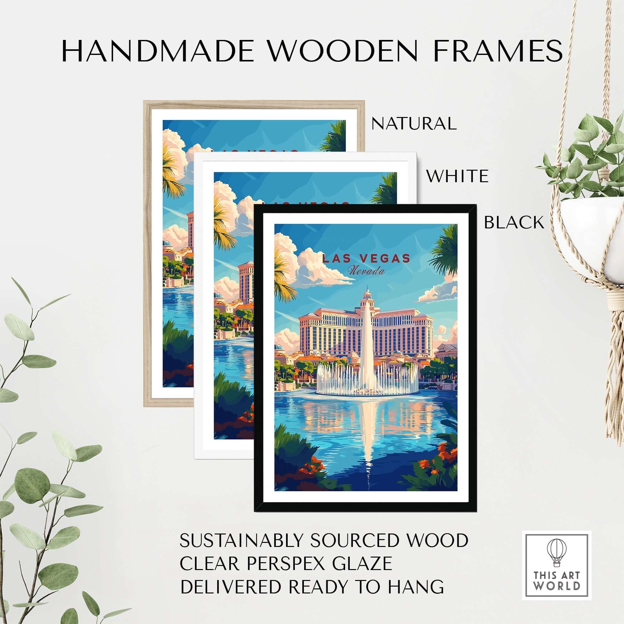 Handmade wooden frames showcasing Las Vegas Travel Print in natural, white, and black finishes.