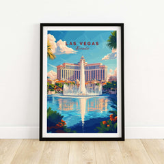 Las Vegas Travel Print vibrant wall art featuring iconic fountain and hotel in Las Vegas.
