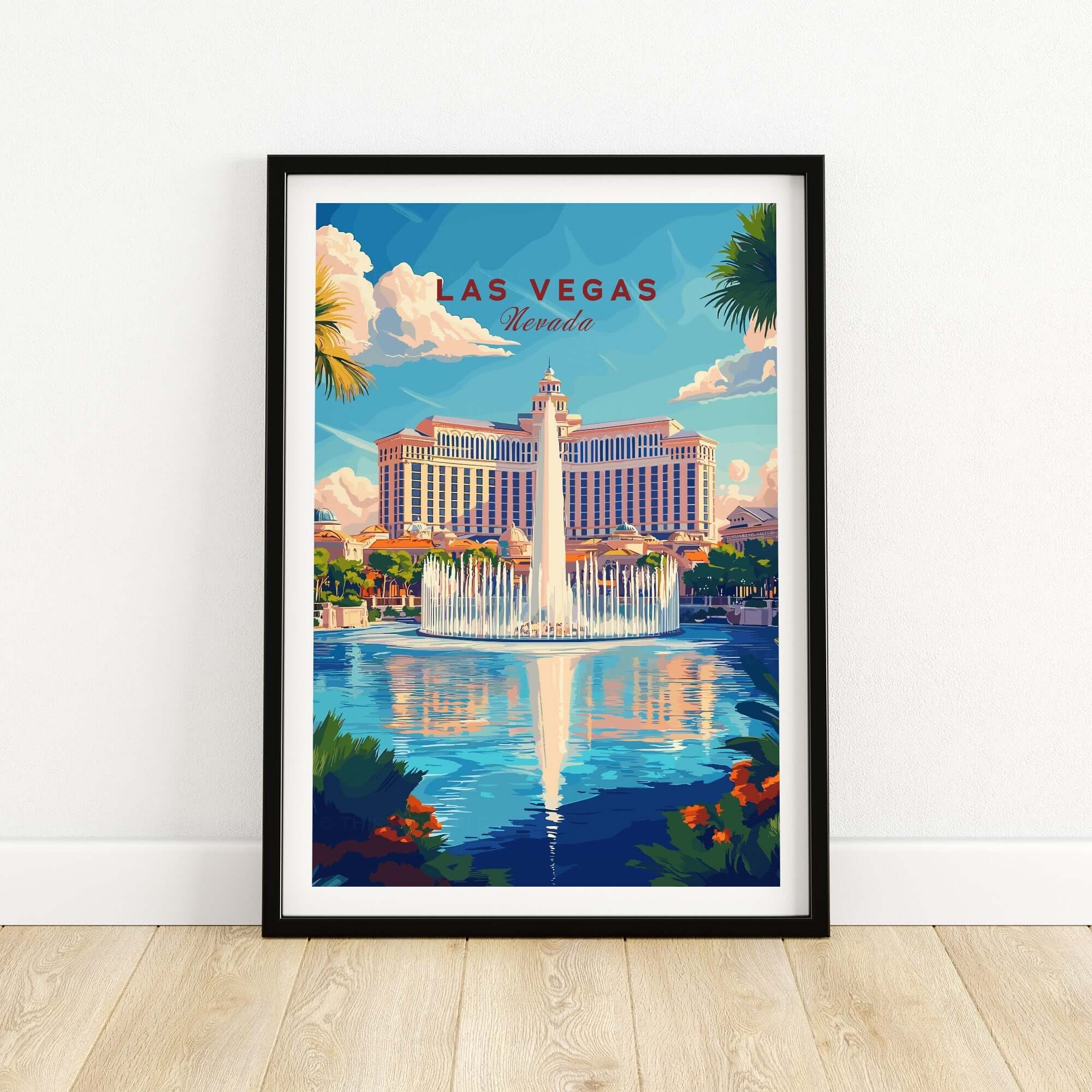 Las Vegas Travel Print vibrant wall art featuring iconic fountain and hotel in Las Vegas.