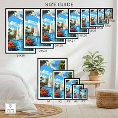Las Vegas Wall Art size guide showing various dimensions for the iconic cityscape prints in a stylish living room.
