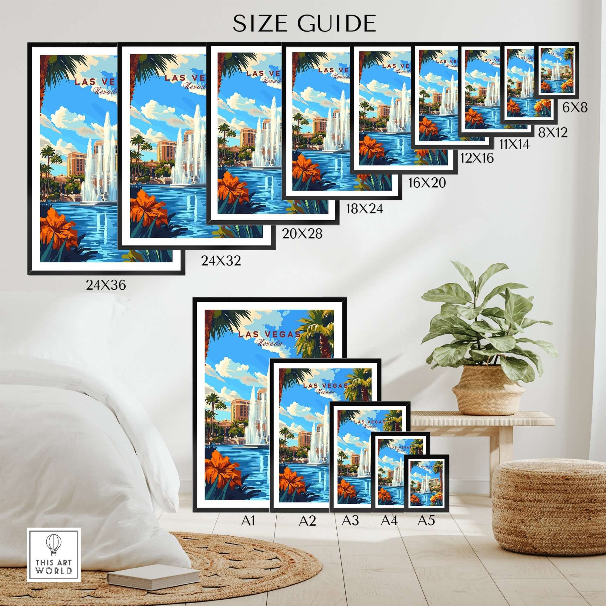 Las Vegas Wall Art size guide showing various dimensions for the iconic cityscape prints in a stylish living room.