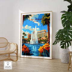 Las Vegas Wall Art featuring a colorful cityscape and fountain, perfect for home decor.