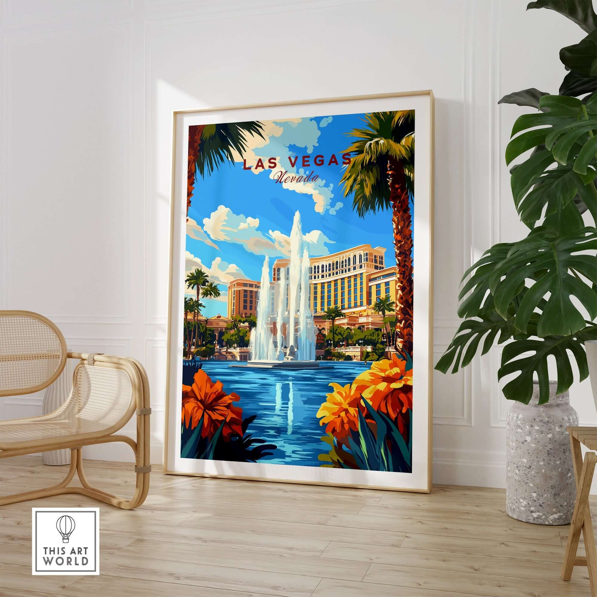 Las Vegas Wall Art featuring a colorful cityscape and fountain, perfect for home decor.