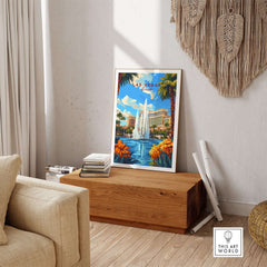 Las Vegas Wall Art showcasing a vibrant cityscape with a fountain and palm trees in a stylish living room setting.