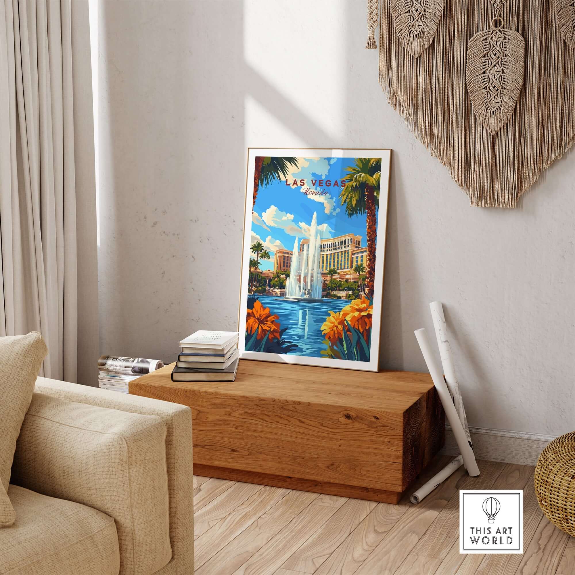 Las Vegas Wall Art showcasing a vibrant cityscape with a fountain and palm trees in a stylish living room setting.