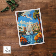 Las Vegas Wall Art featuring a vibrant cityscape and fountain, perfect for home decor and travel lovers.