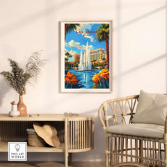 Las Vegas Wall Art featuring a vibrant cityscape with a fountain and palm trees in a stylish living room setting.