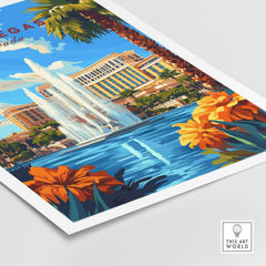 Las Vegas Wall Art featuring a vibrant cityscape with a fountain and tropical flowers.