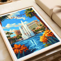 Las Vegas Wall Art featuring a vibrant cityscape and fountain, perfect for home decor and travel enthusiasts.