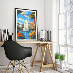 Las Vegas Wall Art featuring a vibrant cityscape with a fountain and palm trees, enhancing a stylish home office decor.