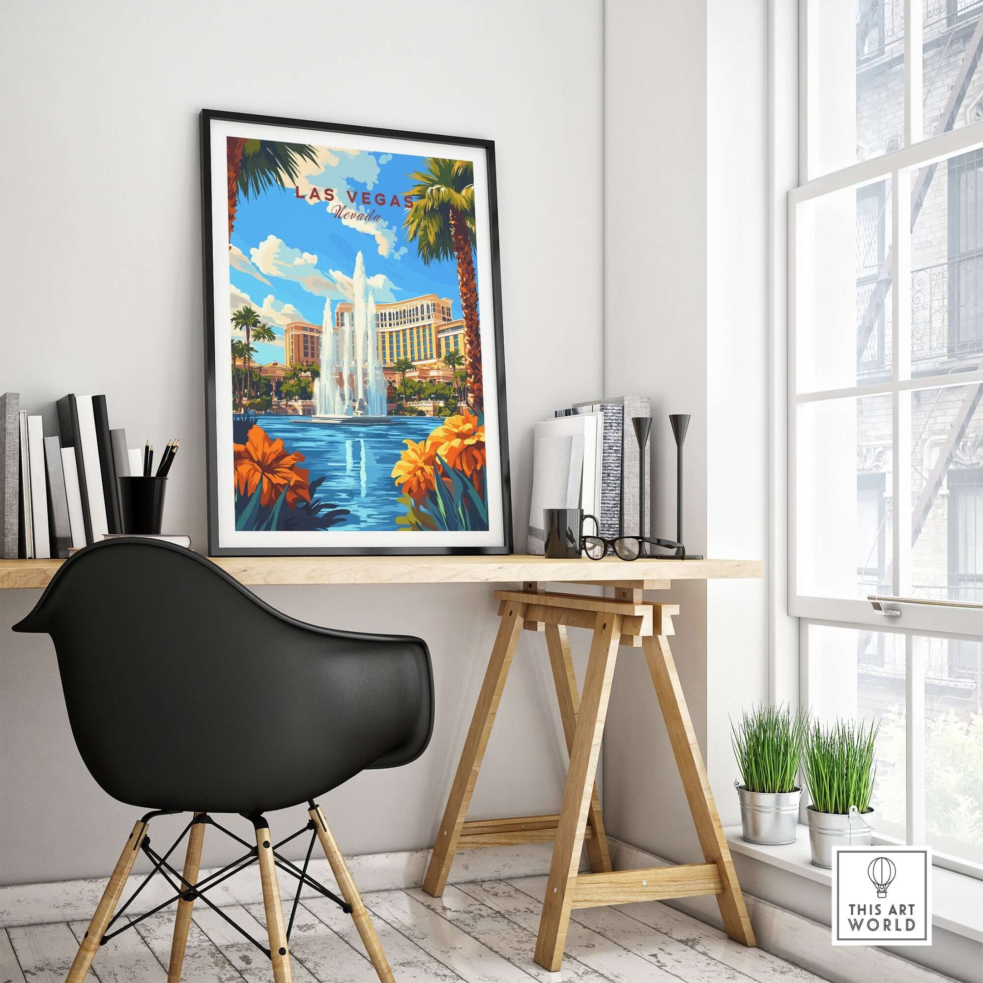 Las Vegas Wall Art featuring a vibrant cityscape with a fountain and palm trees, enhancing a stylish home office decor.