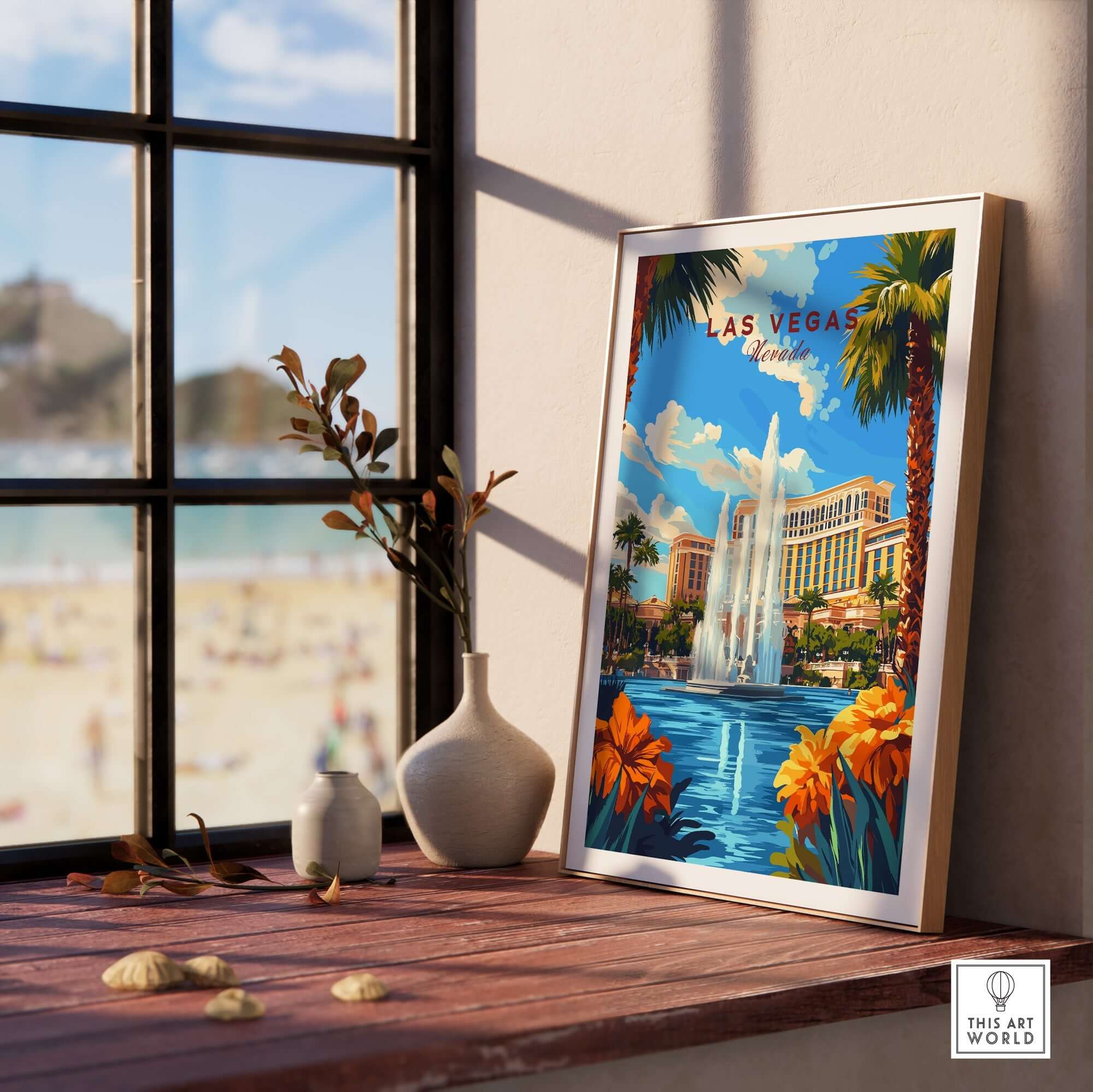 Las Vegas Wall Art displayed by a window, showcasing a vibrant cityscape and floral elements.