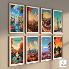 Las Vegas Wall Art collection featuring vibrant travel posters of iconic cities like Paris, London, and Tokyo.