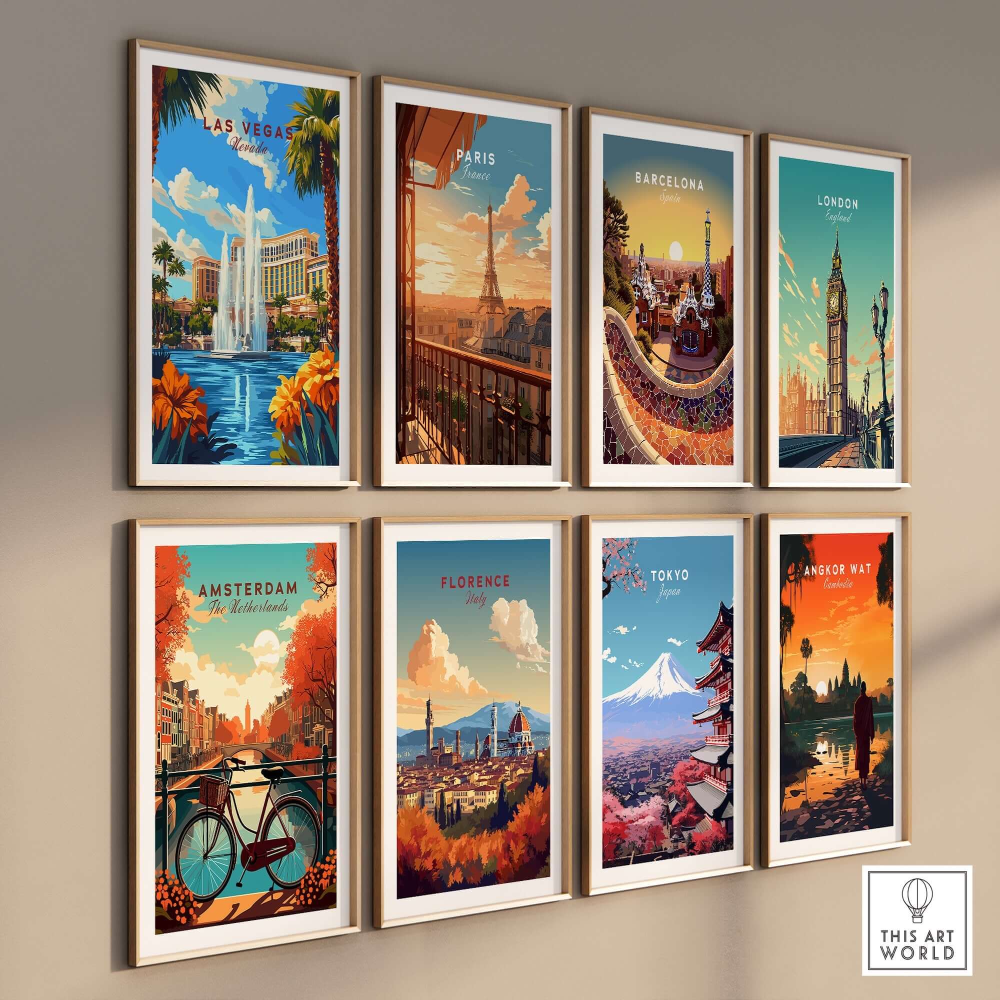 Las Vegas Wall Art collection featuring vibrant travel posters of iconic cities like Paris, London, and Tokyo.