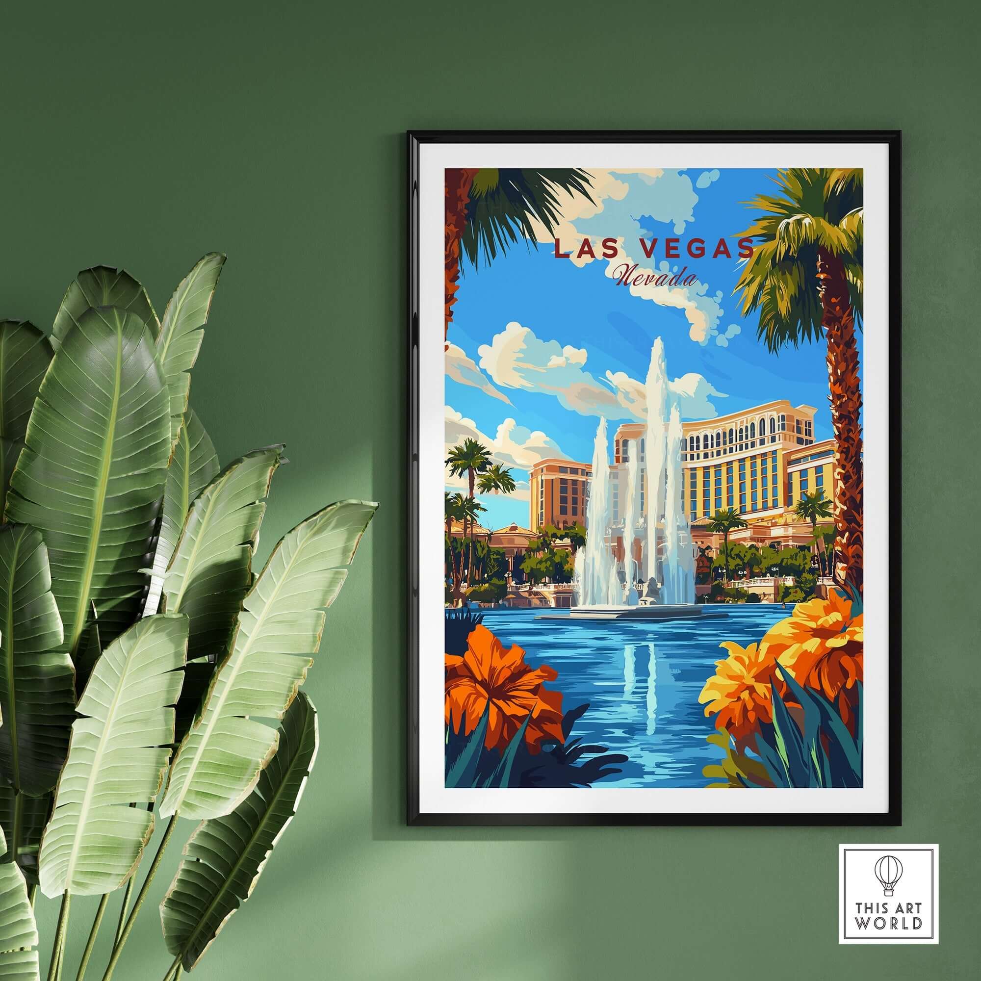 Las Vegas Wall Art featuring a vibrant cityscape with fountains and palm trees