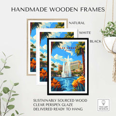 Las Vegas Wall Art displayed in handmade wooden frames in natural, white, and black finishes.