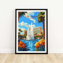 Las Vegas Wall Art featuring a vibrant cityscape with a fountain and tropical plants, perfect for home decor.