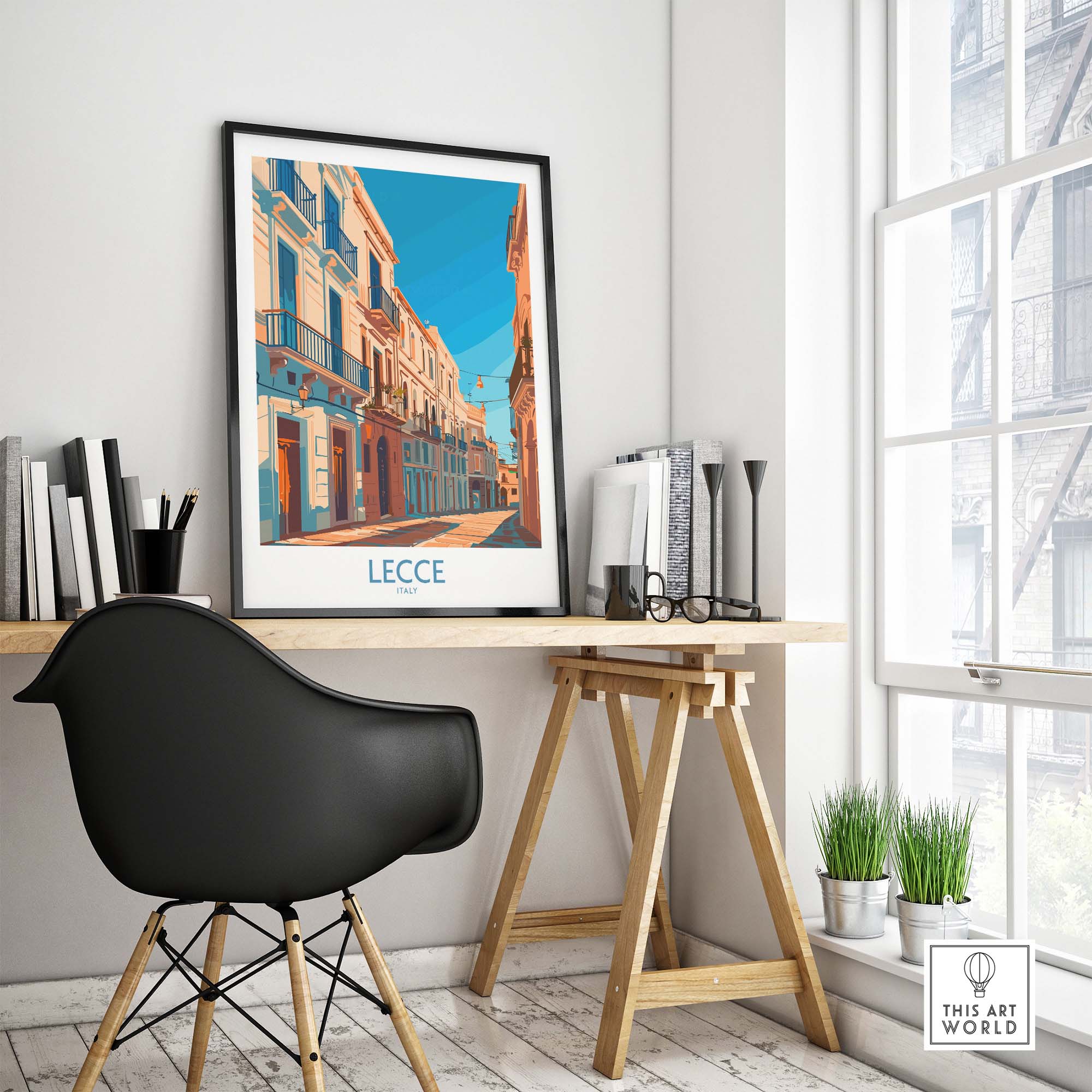 Lecce Wall Art - Stunning Prints of Italy's Charming Cities displayed in a modern workspace with a stylish chair.