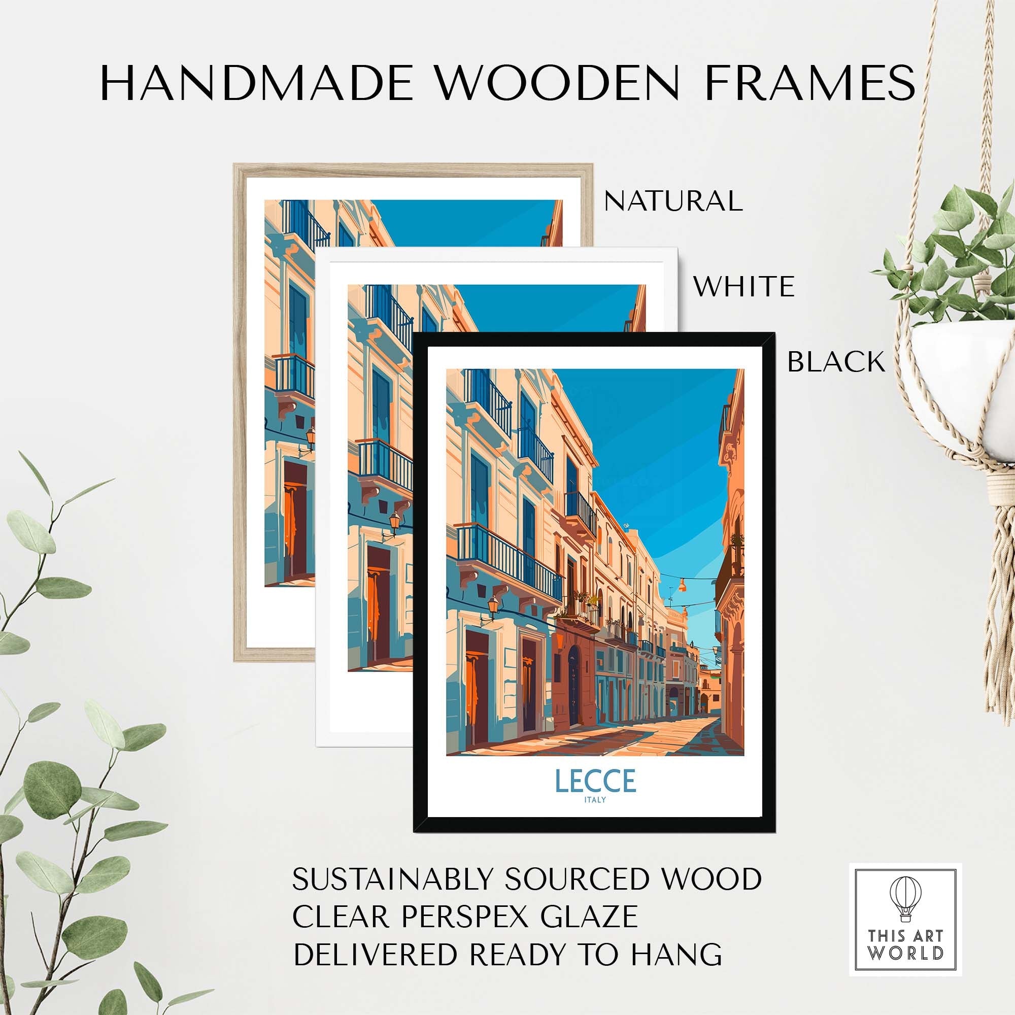 Lecce Wall Art - Stunning Prints of Italy's Charming Cities with handmade wooden frames in natural, white, and black.