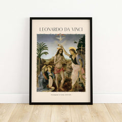 Leonardo da Vinci Art Print The Baptism of Christ 1470s featuring the baptism scene and vibrant background.