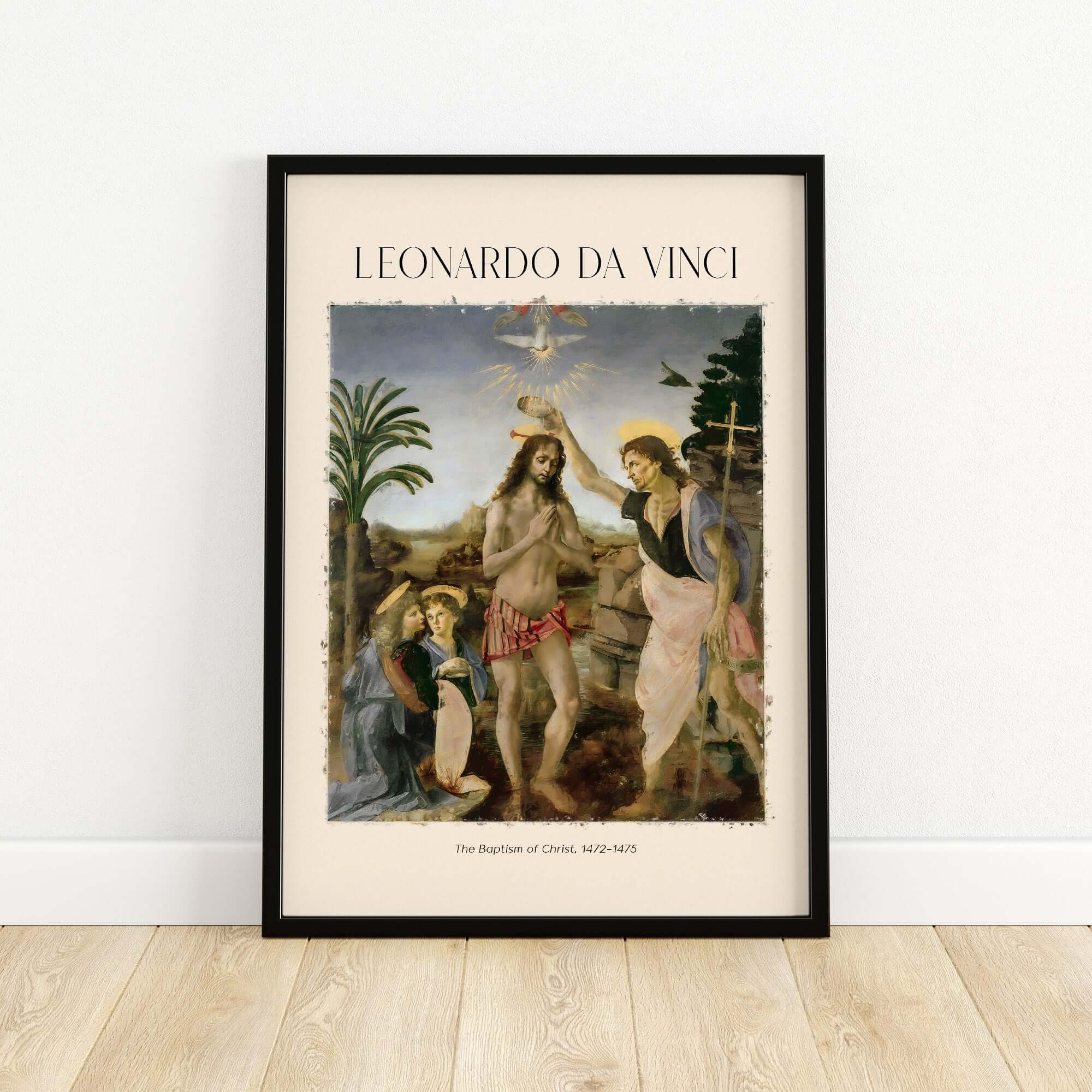 Leonardo da Vinci Art Print The Baptism of Christ 1470s featuring the baptism scene and vibrant background.