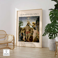Leonardo da Vinci Art Print The Baptism of Christ 1470s displayed in modern interior decor.