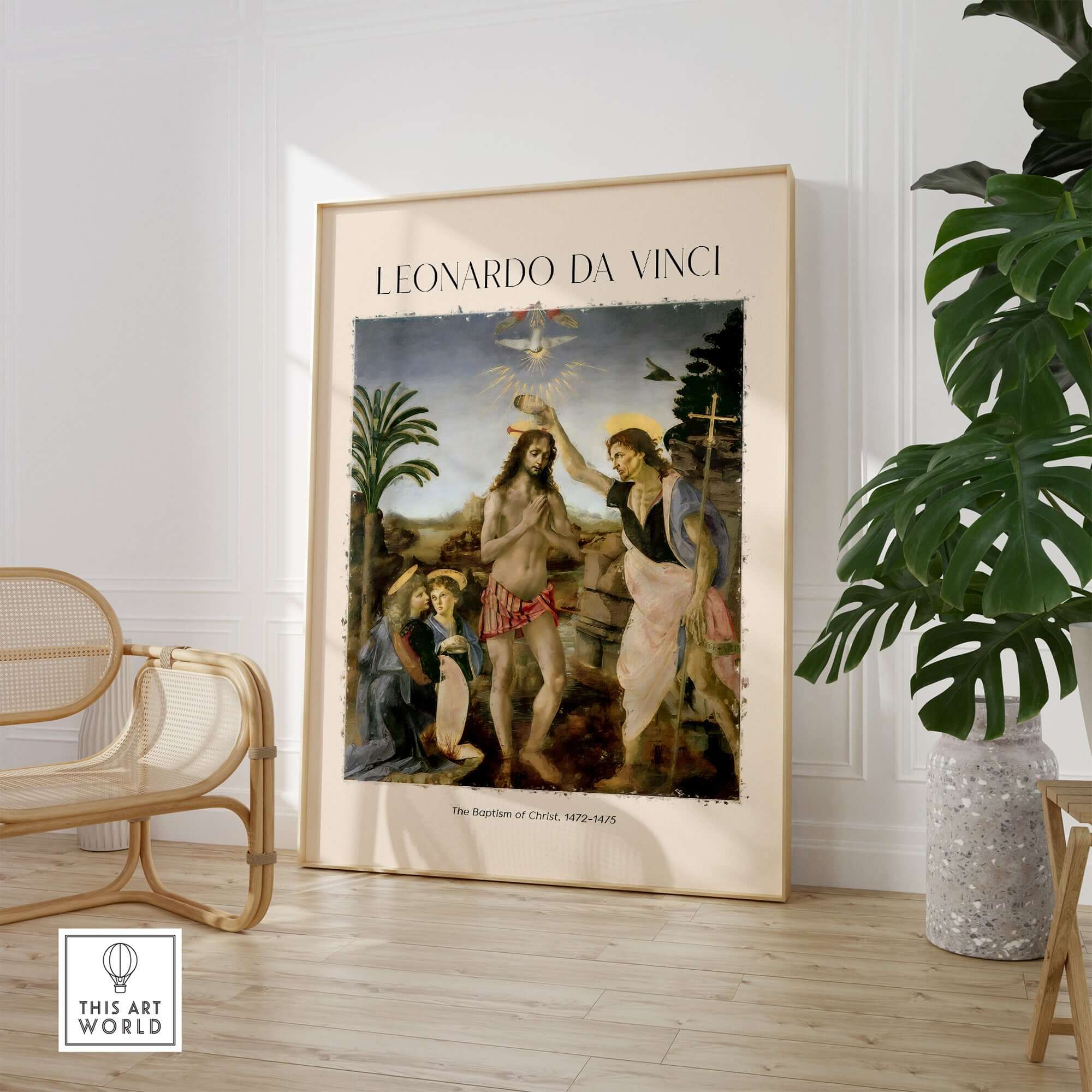 Leonardo da Vinci Art Print The Baptism of Christ 1470s displayed in modern interior decor.