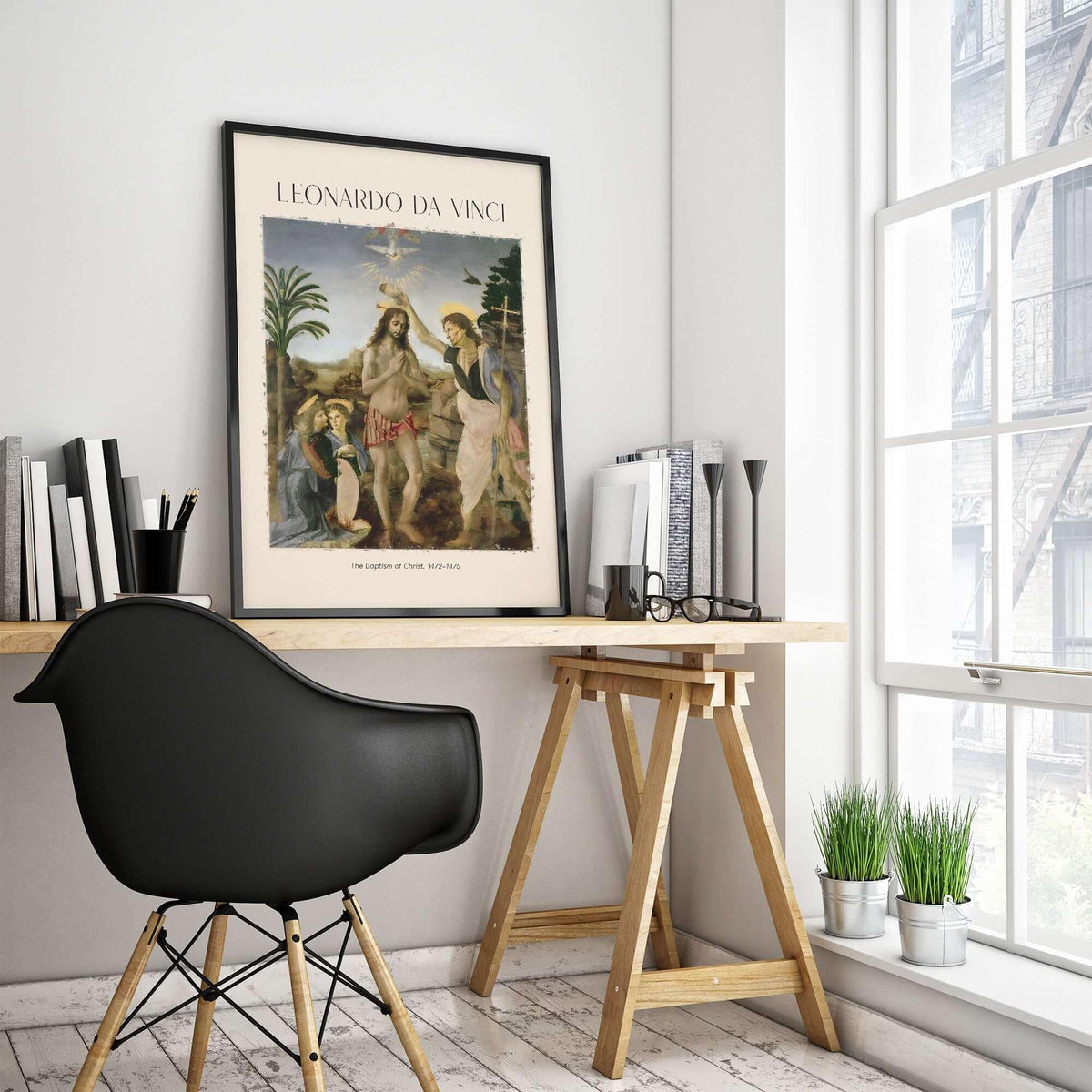 Leonardo da Vinci Art Print The Baptism of Christ 1470s displayed in a modern workspace with natural light.