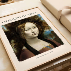 Leonardo da Vinci Art Print -  Ginevra de Benci c1474 Early Renaissance Portrait Art Print displayed on a table.