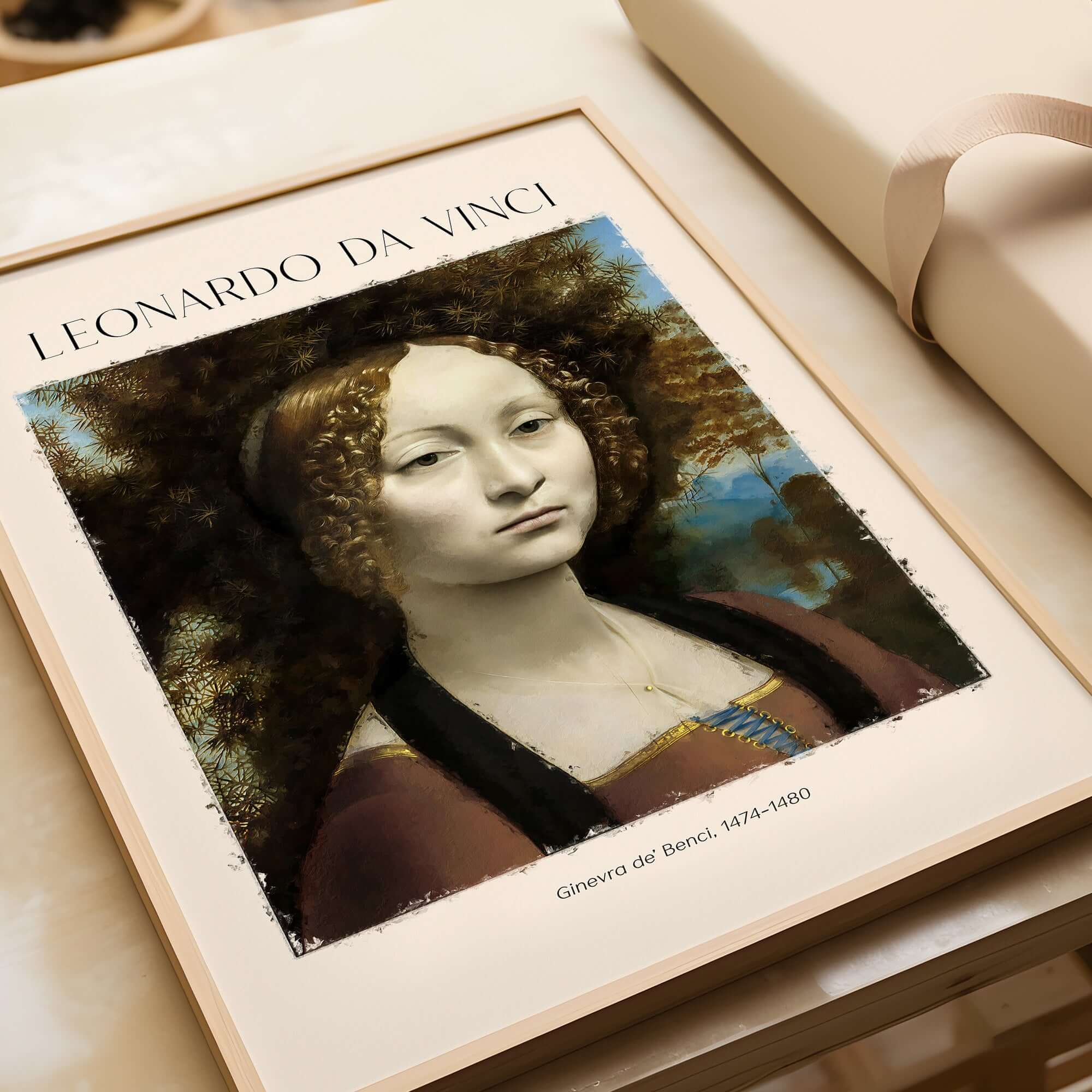 Leonardo da Vinci Art Print -  Ginevra de Benci c1474 Early Renaissance Portrait Art Print displayed on a table.