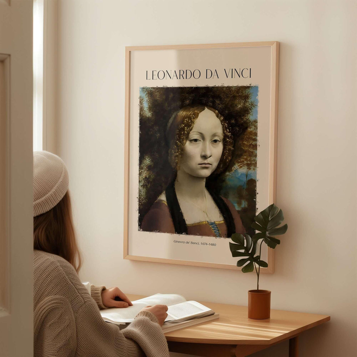 Leonardo da Vinci Art Print - Ginevra de Benci c1474 Early Renaissance Portrait Art Print displayed in a cozy interior.