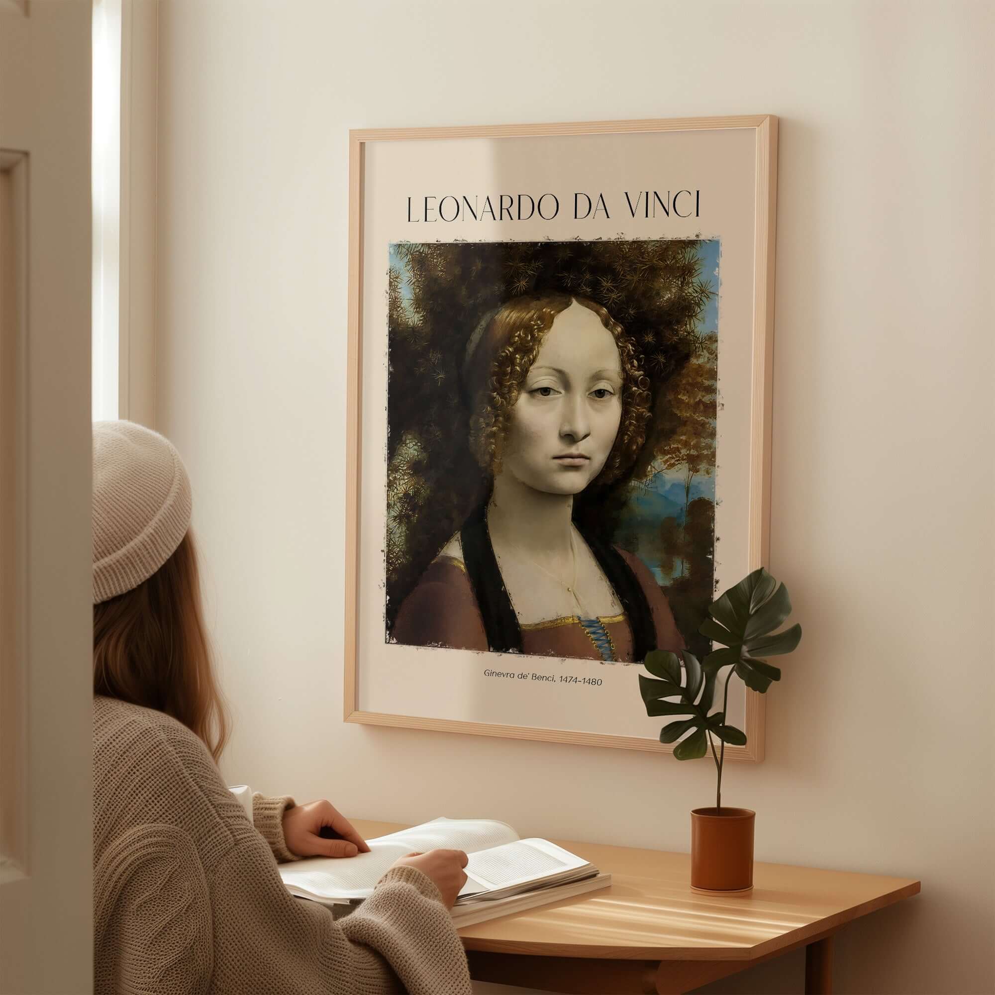 Leonardo da Vinci Art Print - Ginevra de Benci c1474 Early Renaissance Portrait Art Print displayed in a cozy interior.