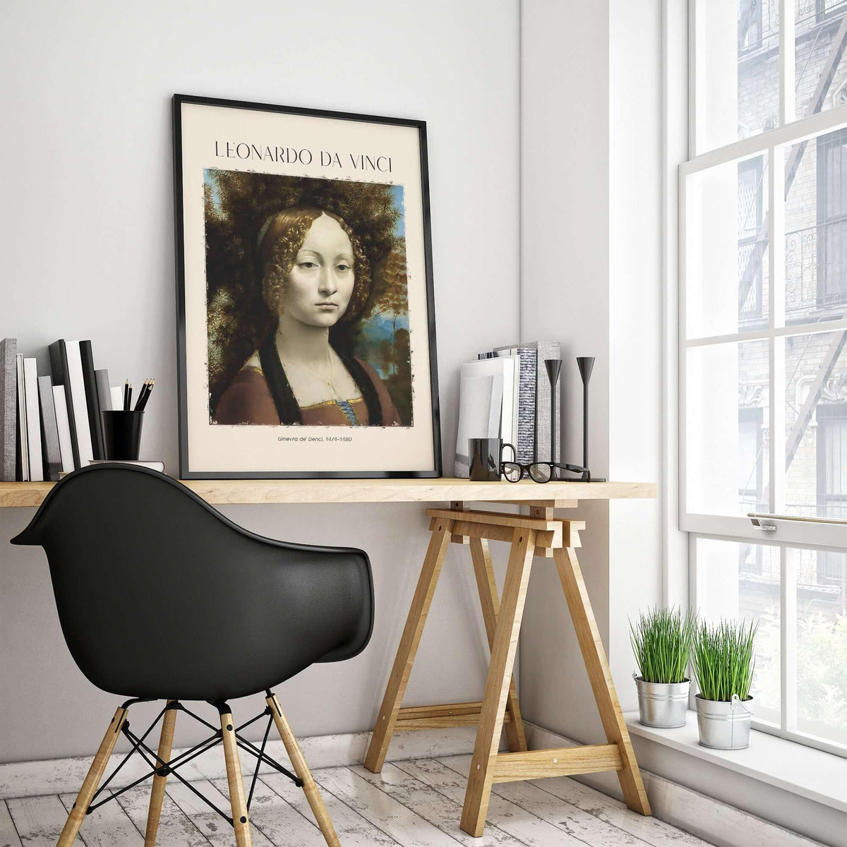 Leonardo da Vinci Art Print - Ginevra de Benci c1474 Early Renaissance Portrait Art Print displayed in a modern office.