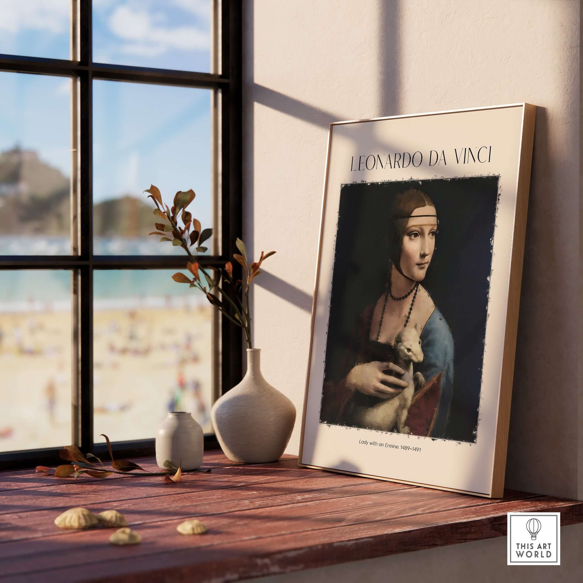 Leonardo da Vinci Art Print - Lady with an Ermine 1490 Cecilia Gallerani Portrait Art Print displayed on a wooden table.