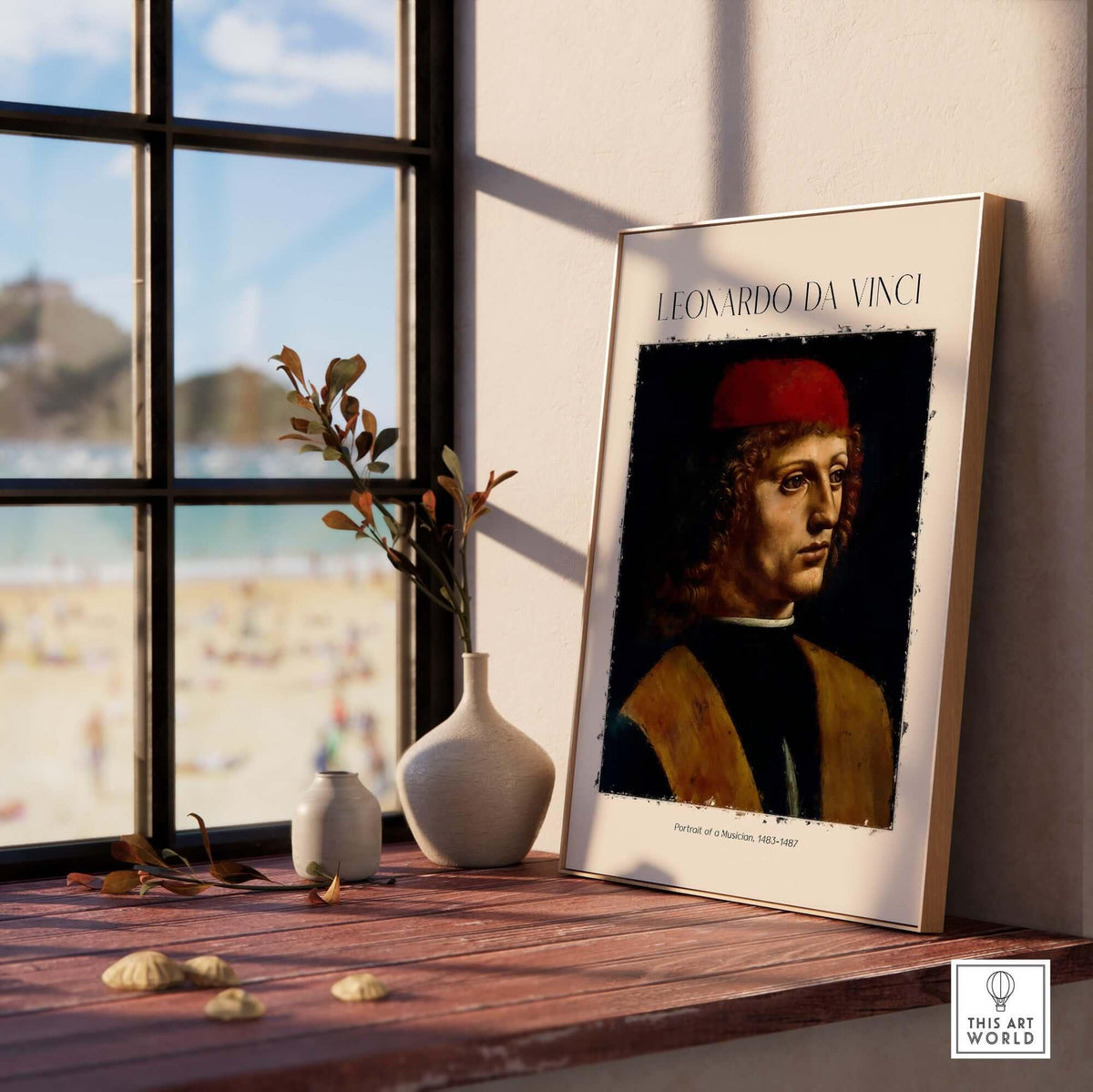 Leonardo da Vinci Art Print -  Portrait of a Musician 1480s Early Male Portrait Art Print displayed near a window