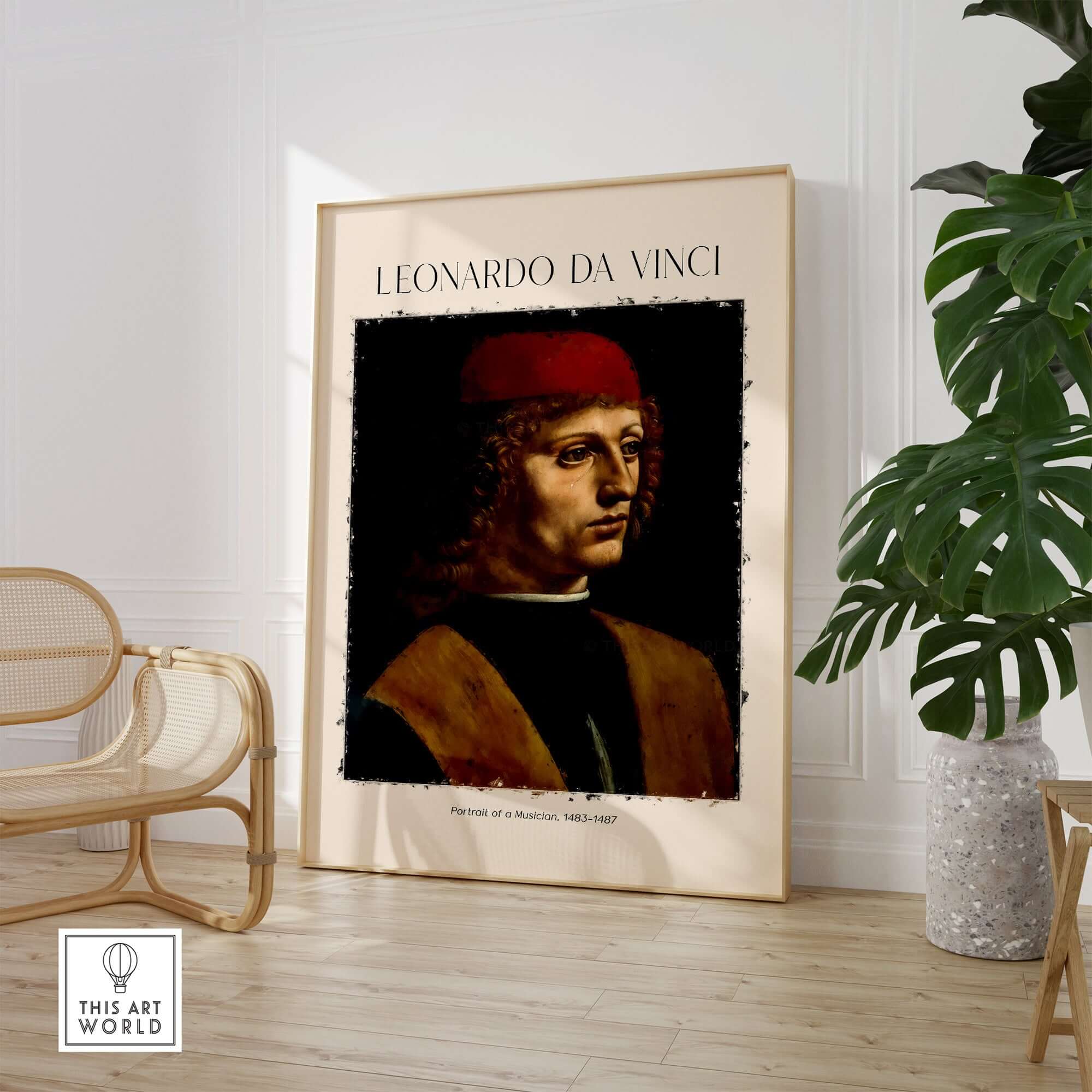 Leonardo da Vinci Art Print -  Portrait of a Musician 1480s Early Male Portrait Art Print displayed in a modern interior.