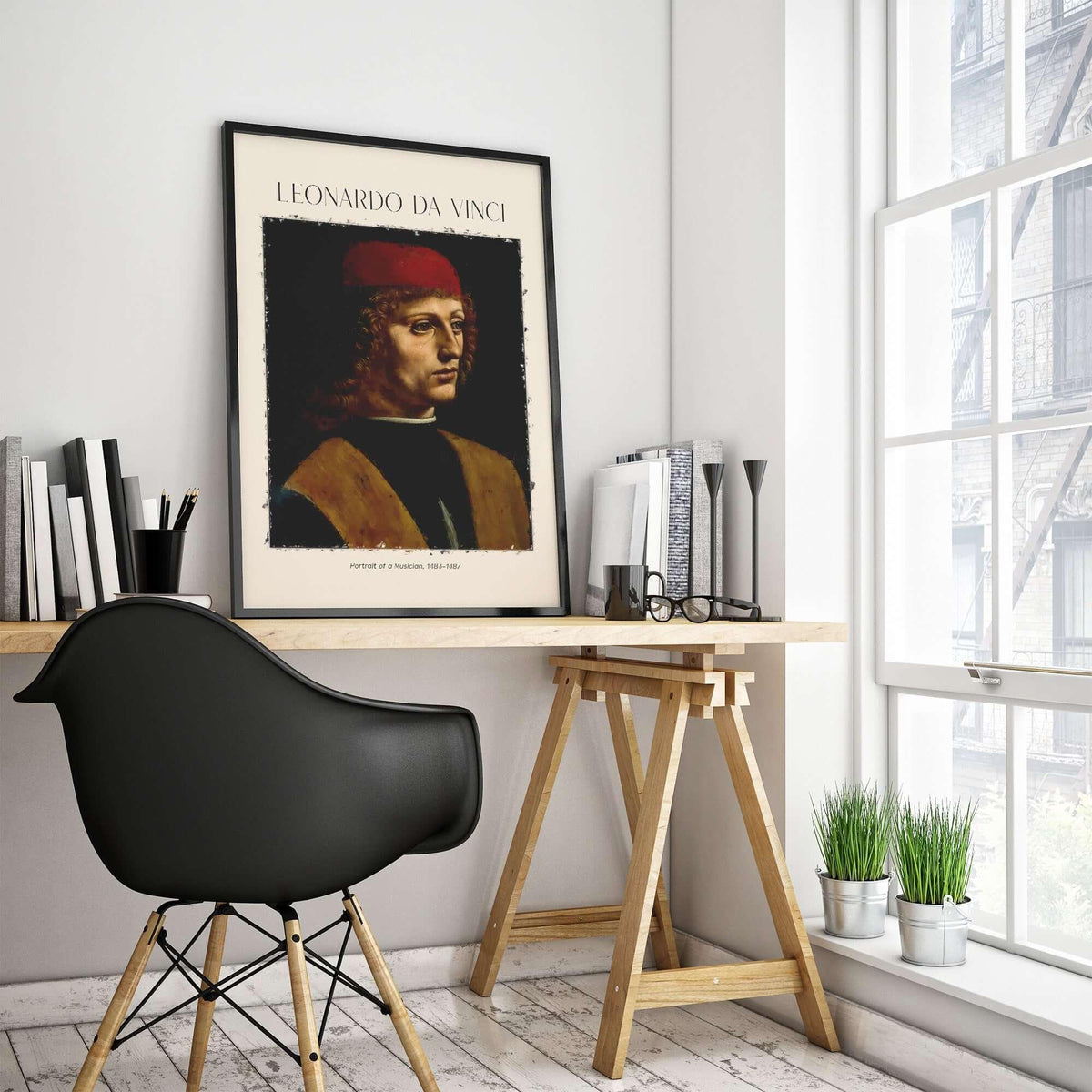 Leonardo da Vinci Art Print - Portrait of a Musician 1480s Early Male Portrait Art Print displayed in a modern office.