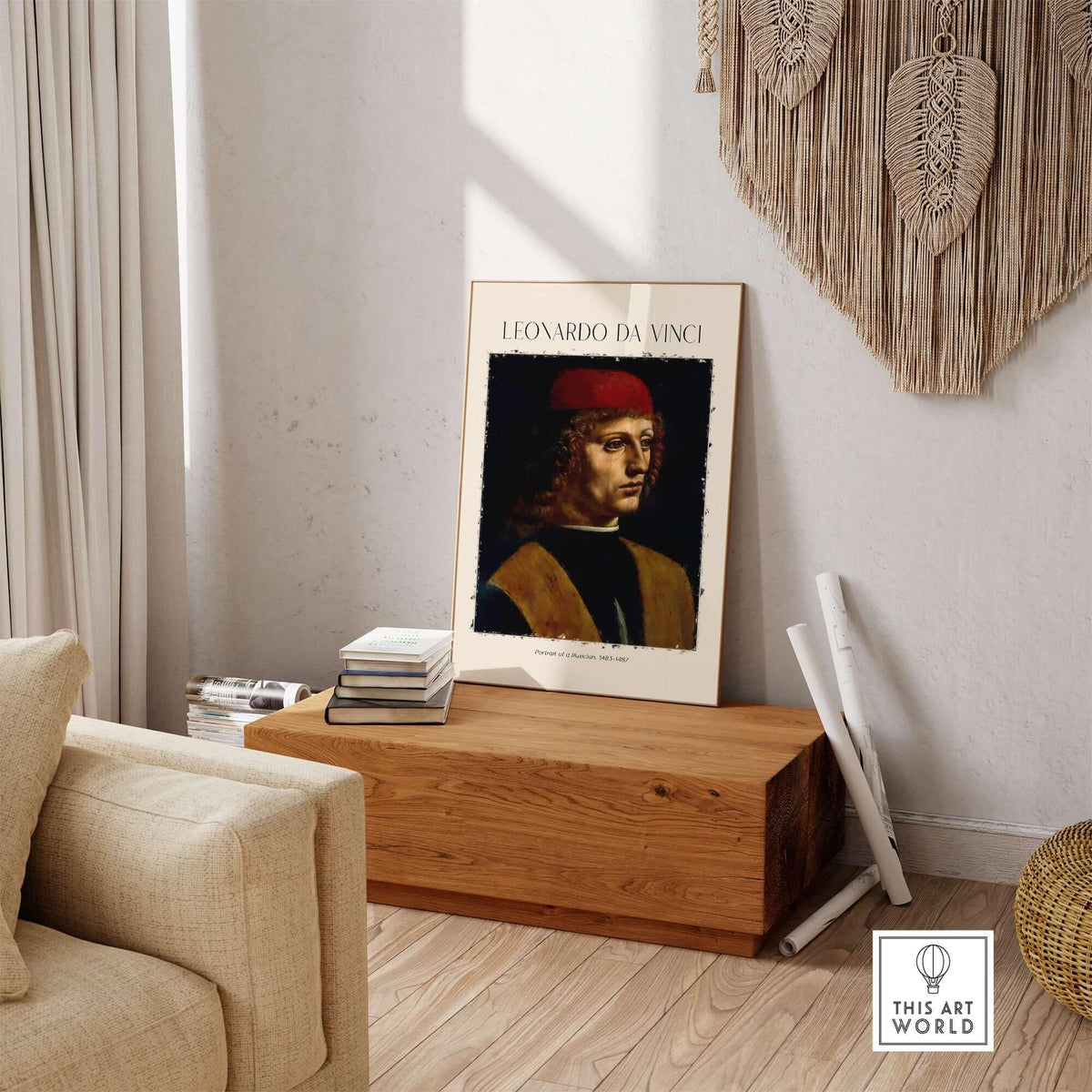 Leonardo da Vinci Art Print -  Portrait of a Musician 1480s Early Male Portrait Art Print displayed in a stylish interior.