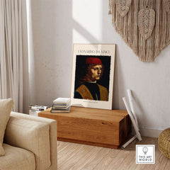 Leonardo da Vinci Art Print -  Portrait of a Musician 1480s Early Male Portrait Art Print displayed in a stylish interior.