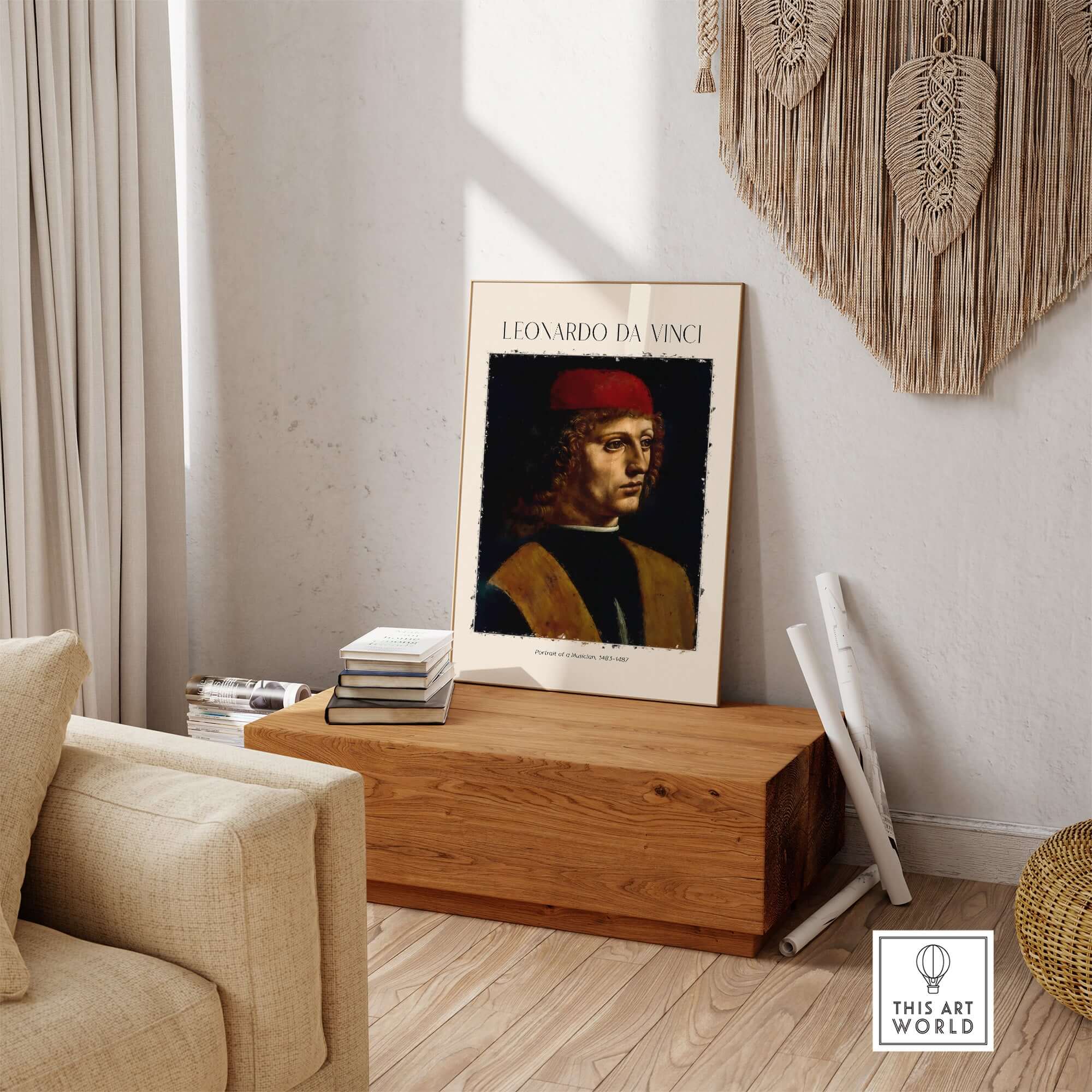Leonardo da Vinci Art Print -  Portrait of a Musician 1480s Early Male Portrait Art Print displayed in a stylish interior.