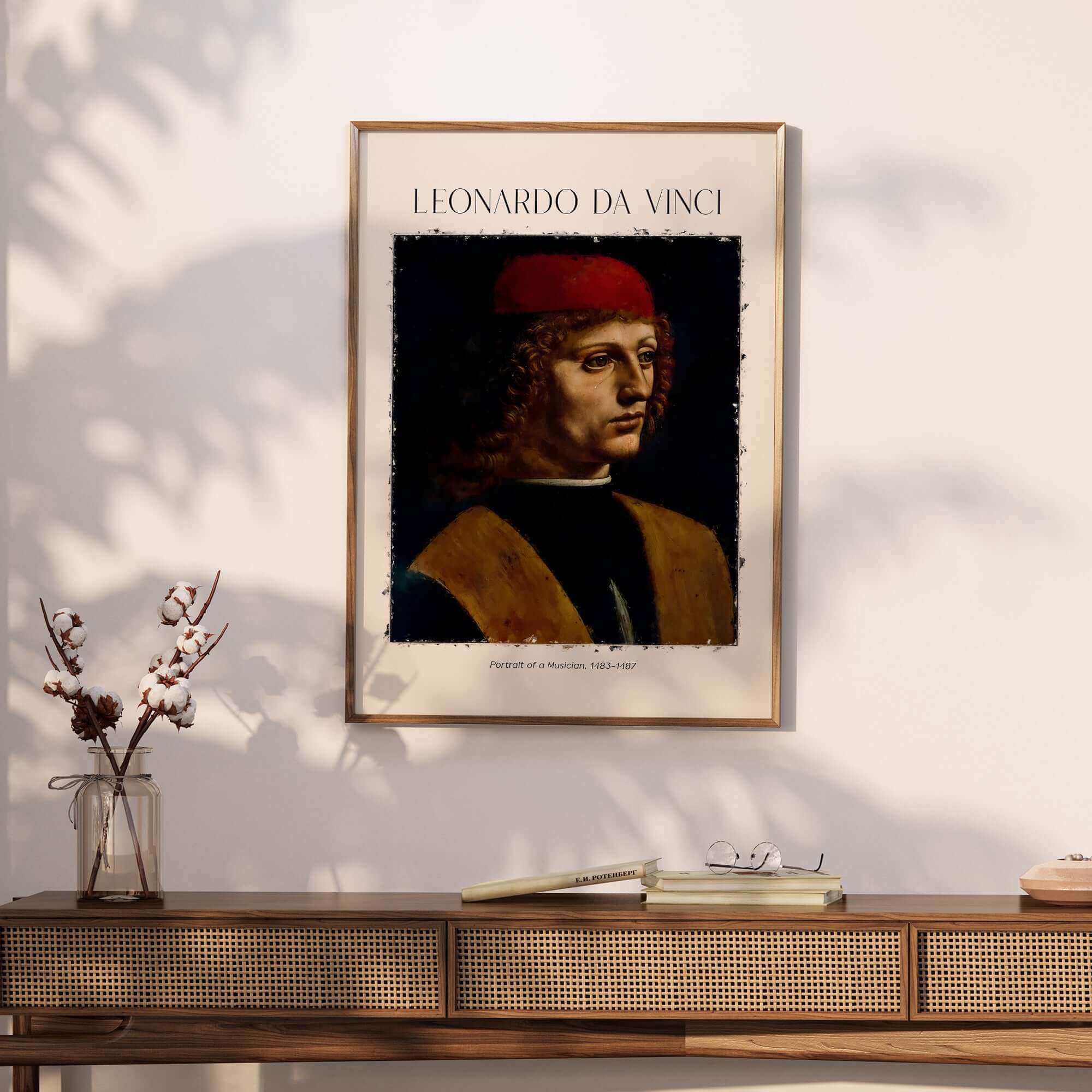 Leonardo da Vinci Art Print - Portrait of a Musician 1480s Early Male Portrait Art Print displayed on a modern wall.