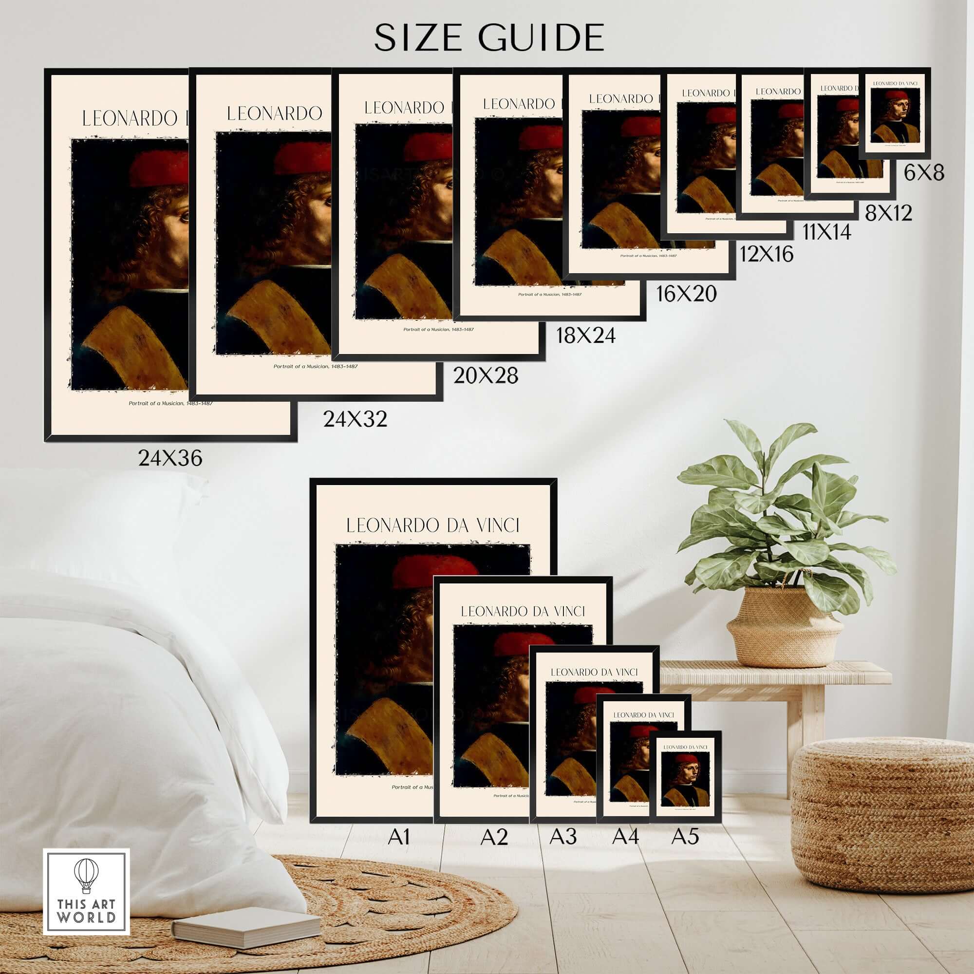 Size guide for Leonardo da Vinci Art Print - Portrait of a Musician 1480s Early Male Portrait Art Print in various dimensions.