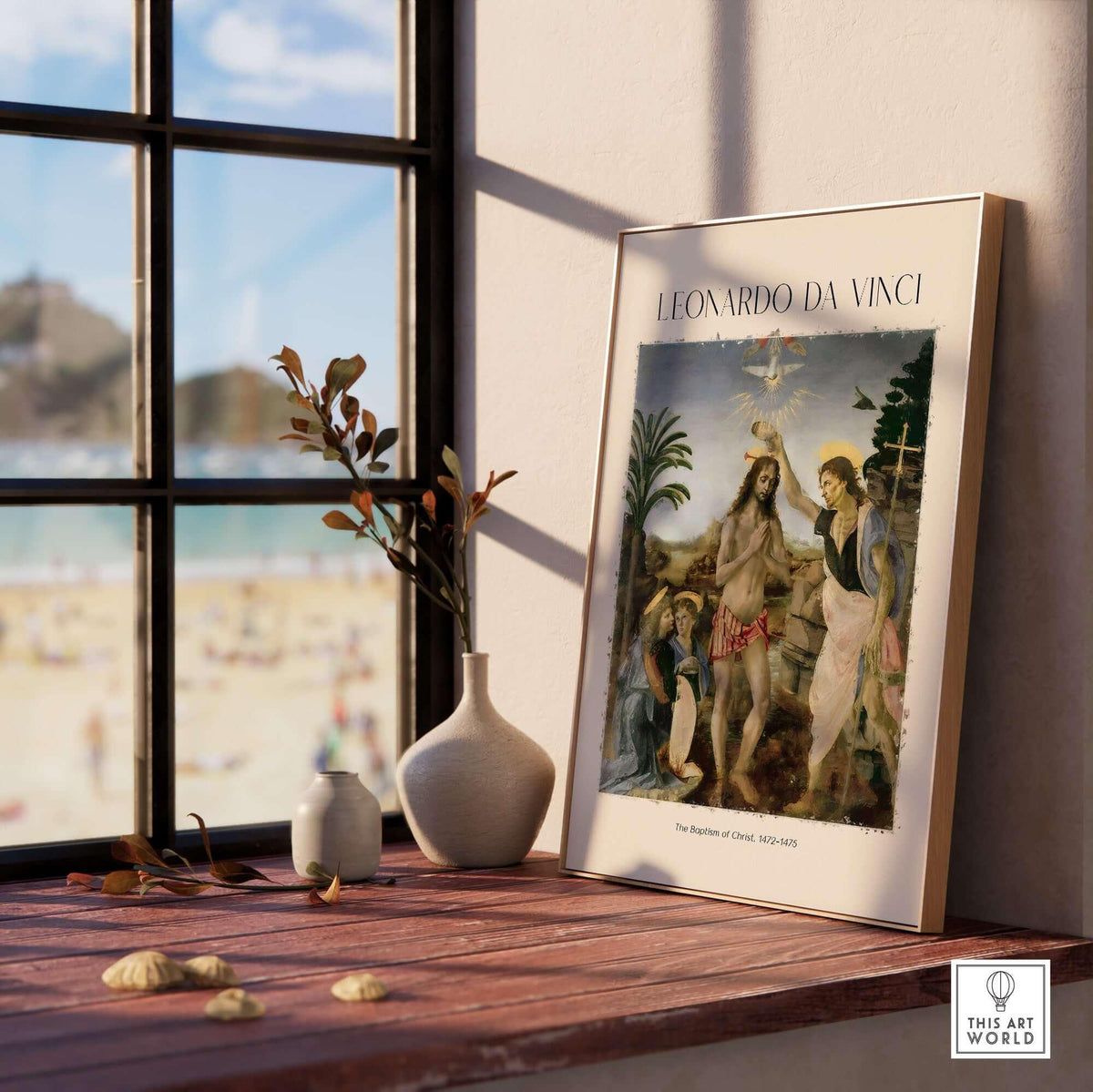 Leonardo da Vinci Art Print The Baptism of Christ 1470s displayed in a sunny room with a beach view.