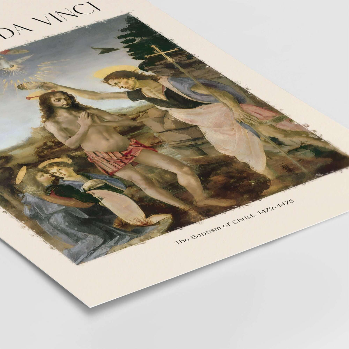 Leonardo da Vinci Art Print The Baptism of Christ 1470s depicts the biblical scene of Christ's baptism.