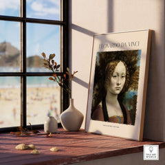 Leonardo da Vinci Art Print - Ginevra de Benci c1474 Early Renaissance Portrait Art Print displayed in a stylish room setting.