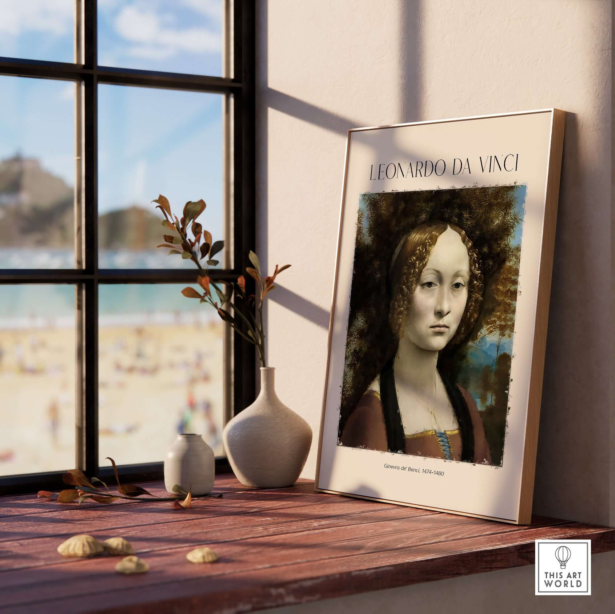 Leonardo da Vinci Art Print - Ginevra de Benci c1474 Early Renaissance Portrait Art Print displayed in a stylish room setting.