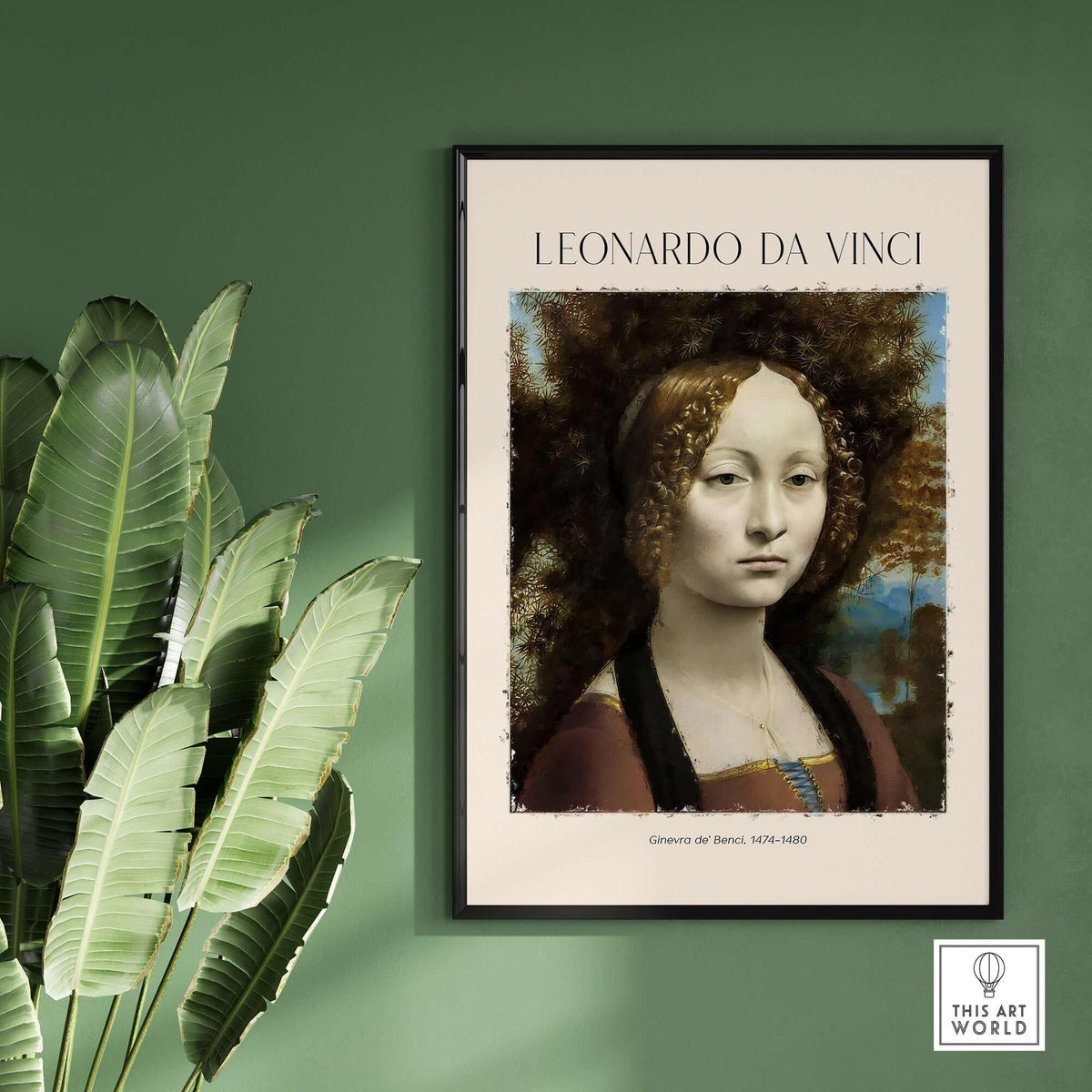 Leonardo da Vinci Art Print - Ginevra de Benci c1474 Early Renaissance Portrait Art Print displayed in a framed setting.