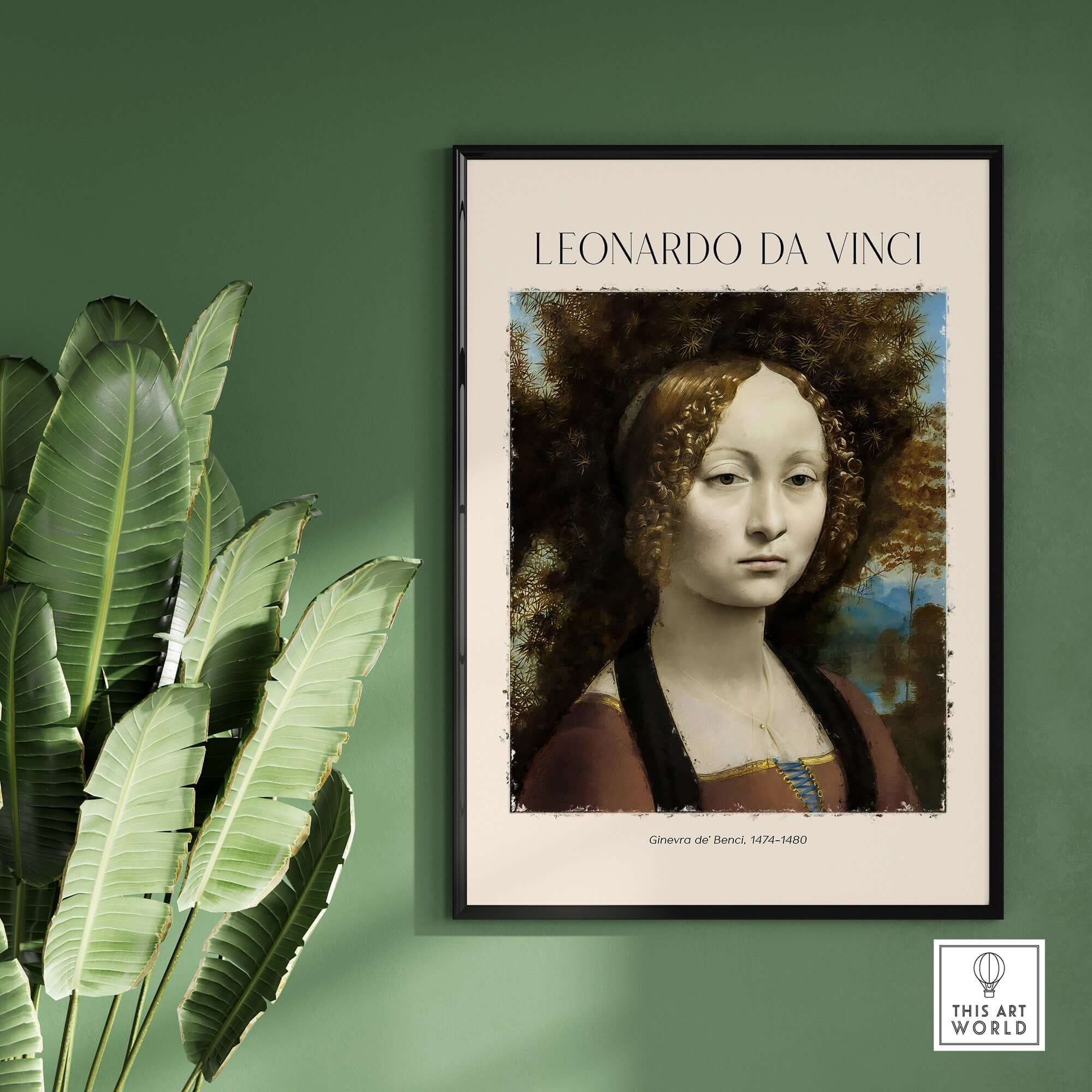 Leonardo da Vinci Art Print - Ginevra de Benci c1474 Early Renaissance Portrait Art Print displayed in a framed setting.